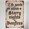Vintage Metal Tin Sign 'Life Needs More Starry Nights & Bonfires' Rustic Gothic Font Wall Decor with Stars Blue Splatters for Ho