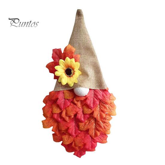 Front Door Hanging Wreath Autumn Gnome Maple Leaf with LED Lights, Rustic Pointed Hat Fall Hanging, Farmhouse Harvest Thanksgiving Home Decor Vintage