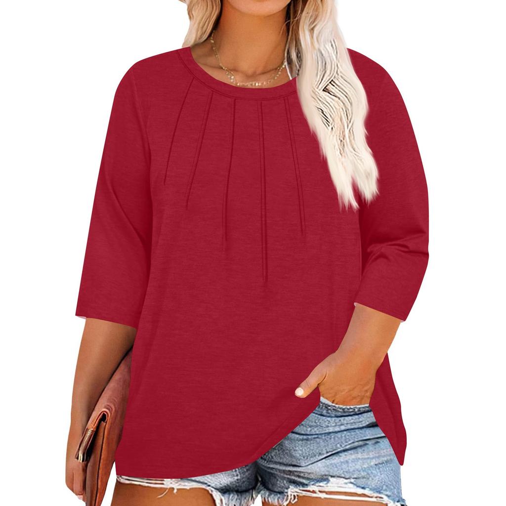 Women's Solid Color Round Neck Plus Size Tops 3/4 Sleeves Elegant Shirt Tops