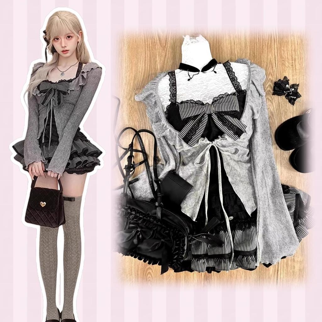 Ligwon Gothic Lolita Cosplay Long Sickly Top and Bottom Mini Cake Black and Korean Christmas Women's Set, Sleeve, Cute, Set, Skirt, Skirt, Stylish,