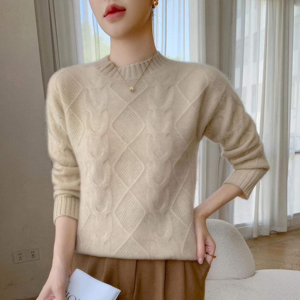 Women's Loose Fit Cashmere Sweater, Round Neck Diamond Cable Knit