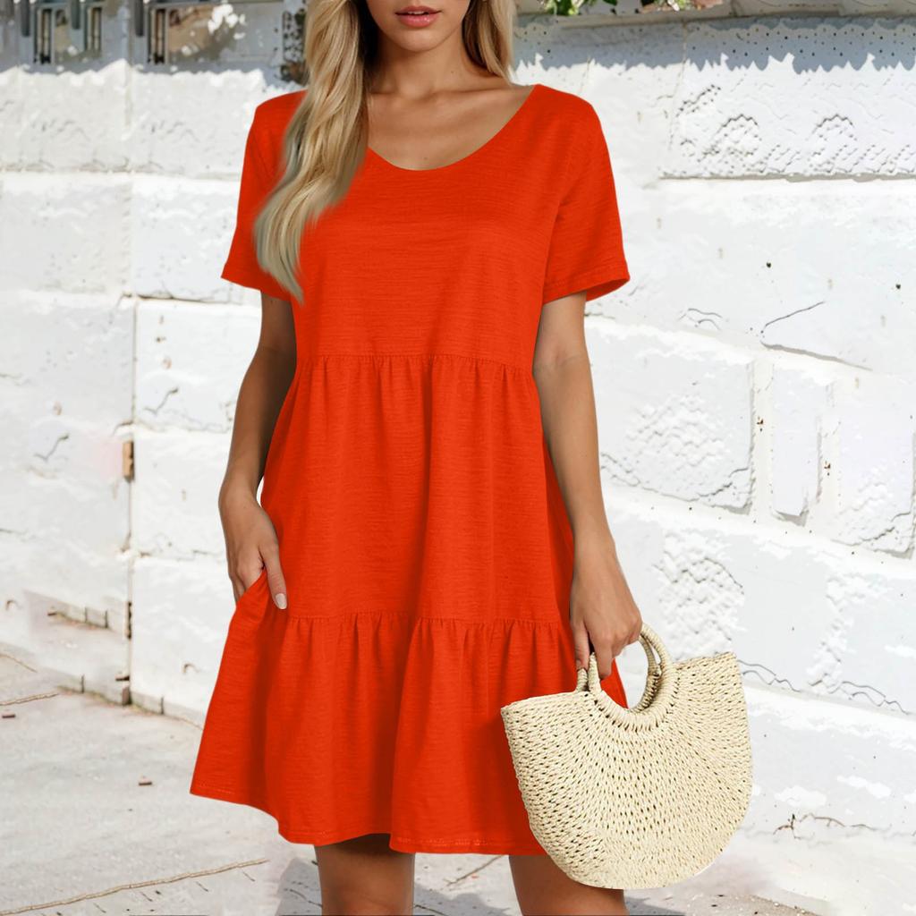 Women's Casual Fashion Round Neck Short Sleeve Solid Color Cake Skirt