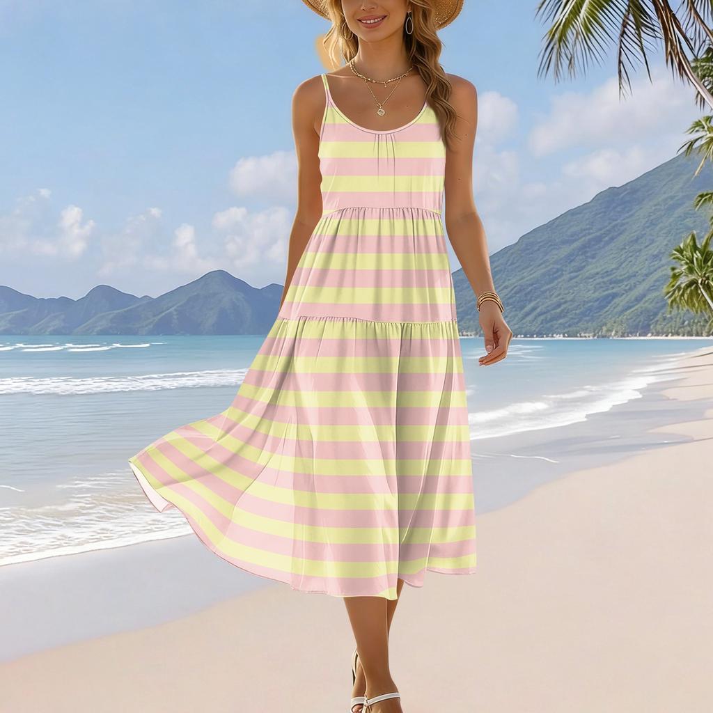 Women's Summer Fashion Printed Pocket Adjustable Shoulder Strap Bohemian Leisure Beach Resort Strap Dress