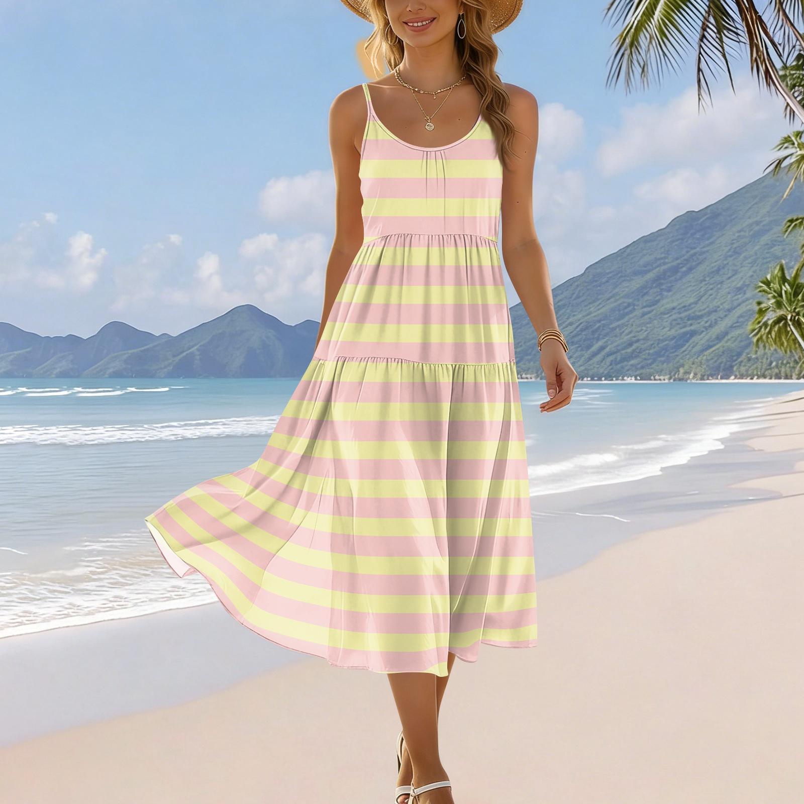 

Women s Summer Fashion Printed Pocket Adjustable Shoulder Strap Bohemian Leisure Beach Resort Strap Dress XL жовтий