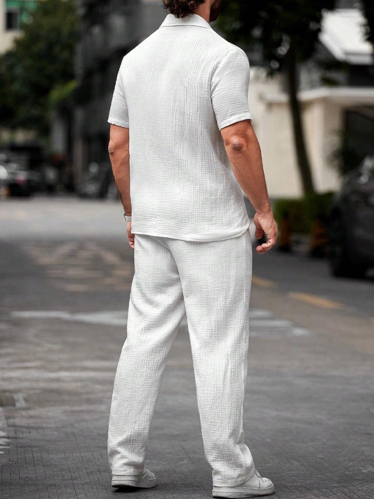 Men's Collar Solid Color Short Sleeved Pants Pleated Style Versatile Casual Suit
