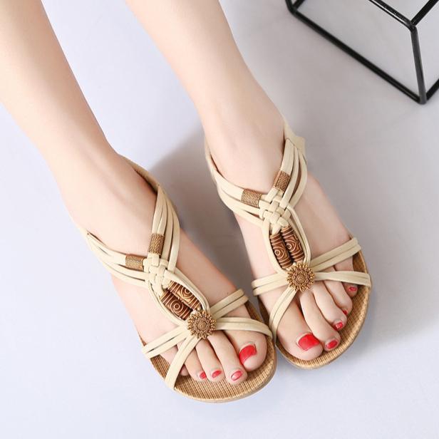 Flat Sandals Female Flat With Beaded Bohemian National Sandals Student Casual Beach Shoes