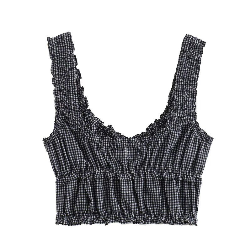 Fashion Style 2024 Summer New Arrival Women's Sling Silm Easiest for Match Plaid Short Tops 3115309 064