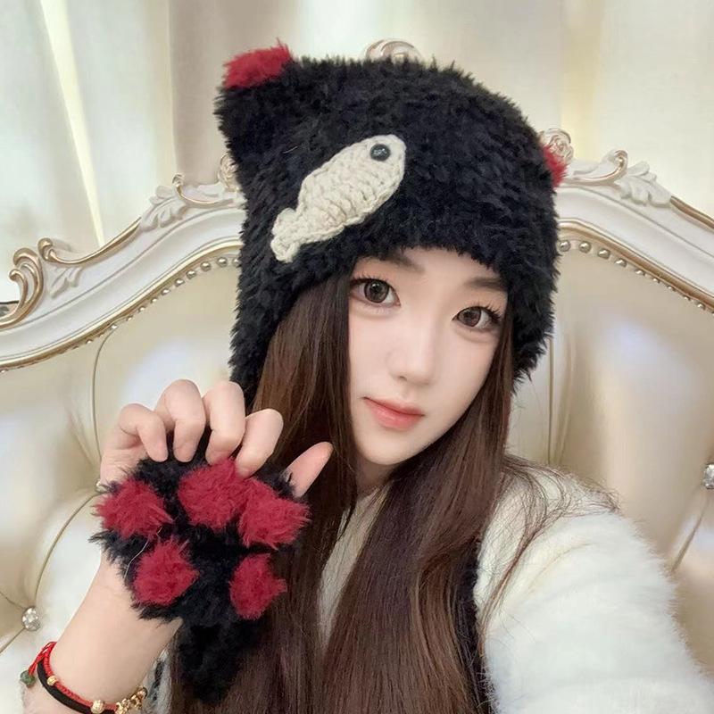 Cute Cat Claw Plush Hat for Women's Ear Protection Lei Feng Hat Knitted Cartoon Riding Warm Versatile Bag Head Hat Men