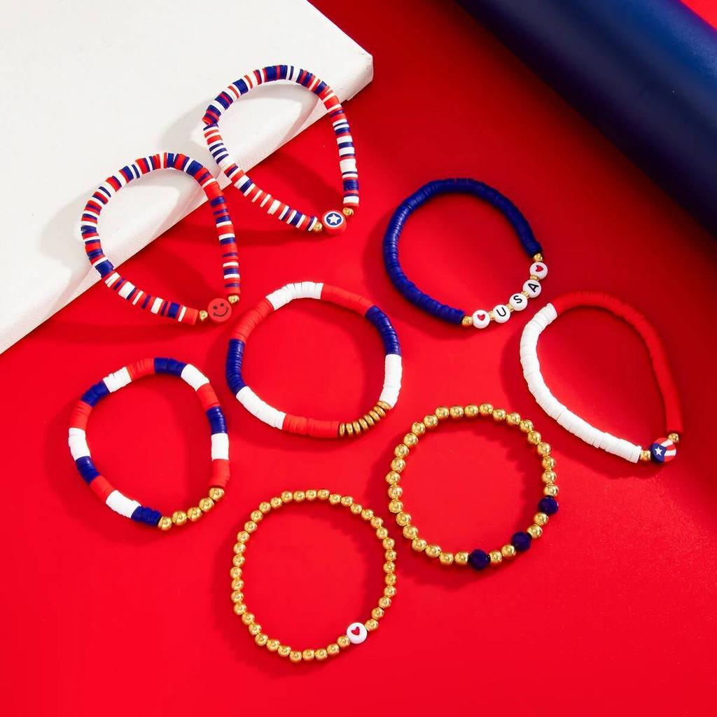 SHIXIN Hip Hop Red Blue Bead Chain Elastic Bracelet Set for Women Vintage Multi Layer Stackable Bangle Festival Jewelry Gift