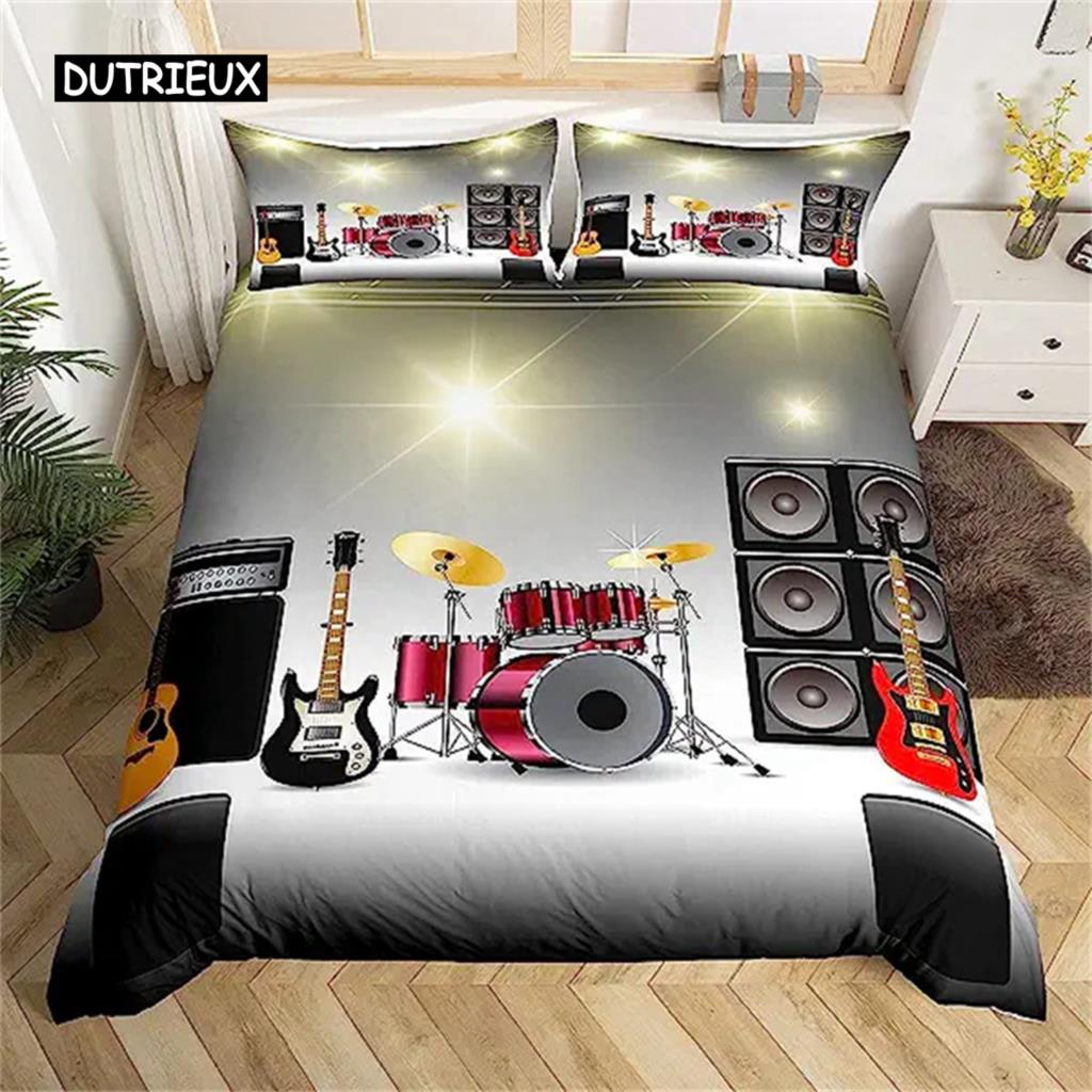 3D Rock Music Themed Guitar Colorful Duvet Cover Fire and Water Bedding Set Modern Gorgeous Microfiber Polyester for Boy Gifts