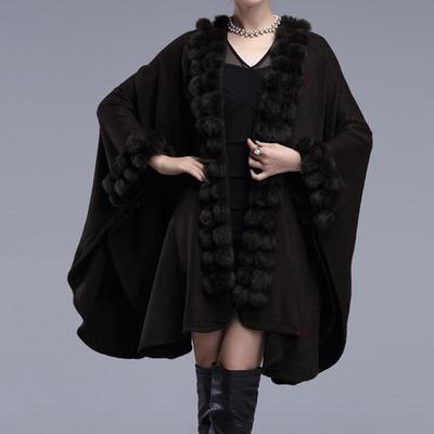 Autumn Winter Women's Long Knitted Cardigan Sweater Fashion Fake Fur Shawl Cape Coat Poncho