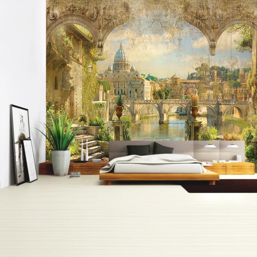Balcony City Castle Hill Green Plant Landscape Printing Tapestry  Cheap Hippie Wall Hanging Bohemian Wall Tapestries