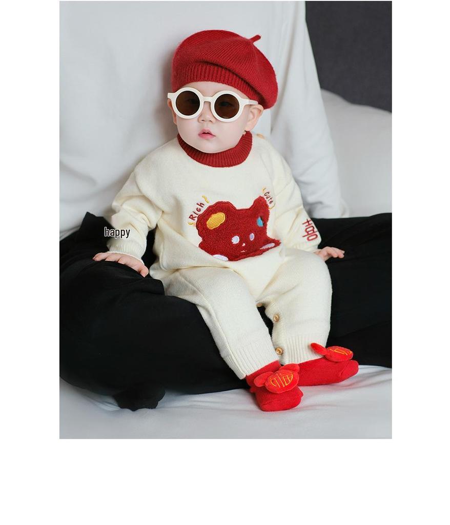 Slavnostní červená novorozenecká kombinéza - Podzimní/zimní svetrový overal