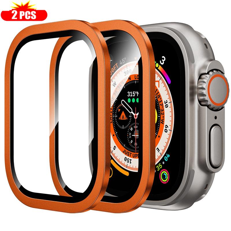 2 Stück gehärtetes Glas für Apple Watch Ultra 49mm Titan Metallrahmen Kratzschutzfolie Serie Ultra 2 Displayschutz Zubehör