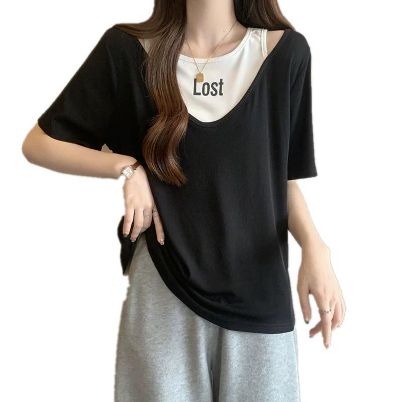 Damen Koreanischer Stil Modisch Locker Schlankmachend Kurzärmlig Fake Zweiteiler Sommeroberteil