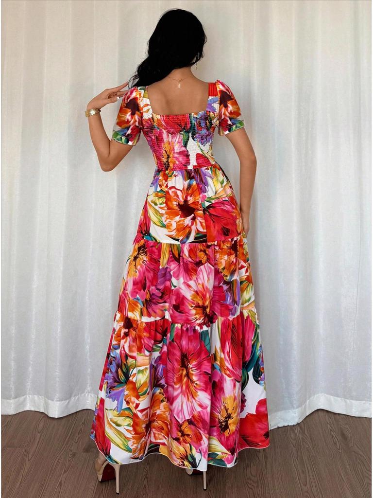2025 Retro Print Patchwork Long Dress - Elegant European & American Style with Square Neck for Holidays & Dates