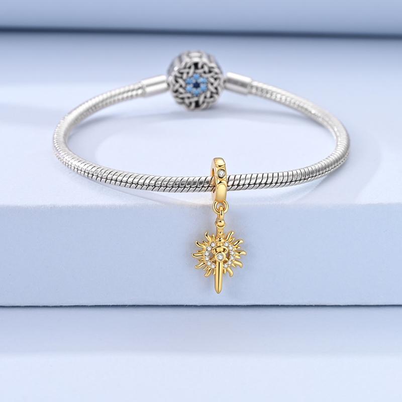 Original 925 Sterling Silver Bead Charm Zircon Gold Sun Sword Pendant Fit Original Bracelet Necklace For Women DIY Jewelry Gift