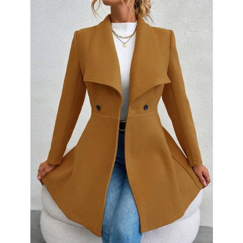Women's Mid-Length Wool Blend Coat, Autumn Winter Wide Lapel Double Button Outerwear, Slim Fit Elegant Ladies Chic Notched Collar Overcoat