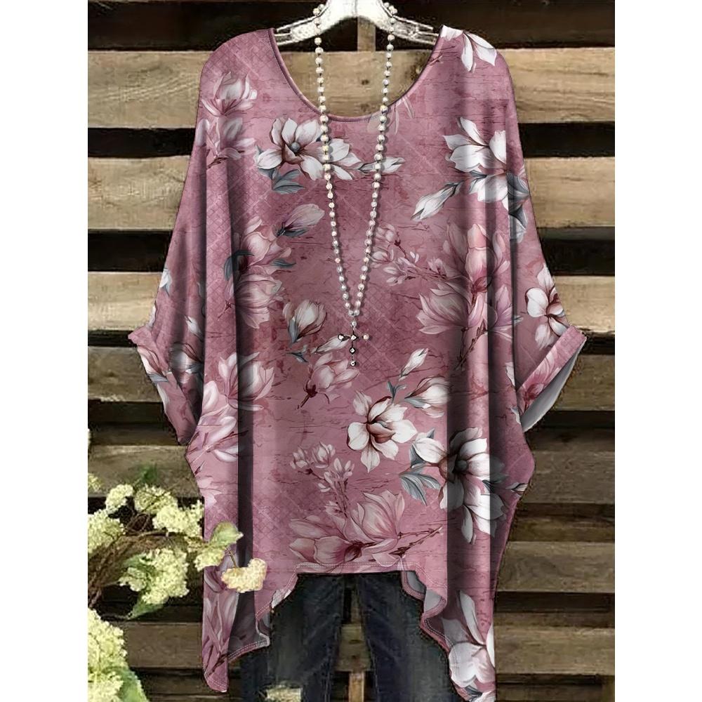 

Fashion Blue Butterfly 3D Pattern Printed Casual Top Women s Irregular Hem O-Neck Short Sleeve T-Shirt Loose Tees Street Clothes 5XL