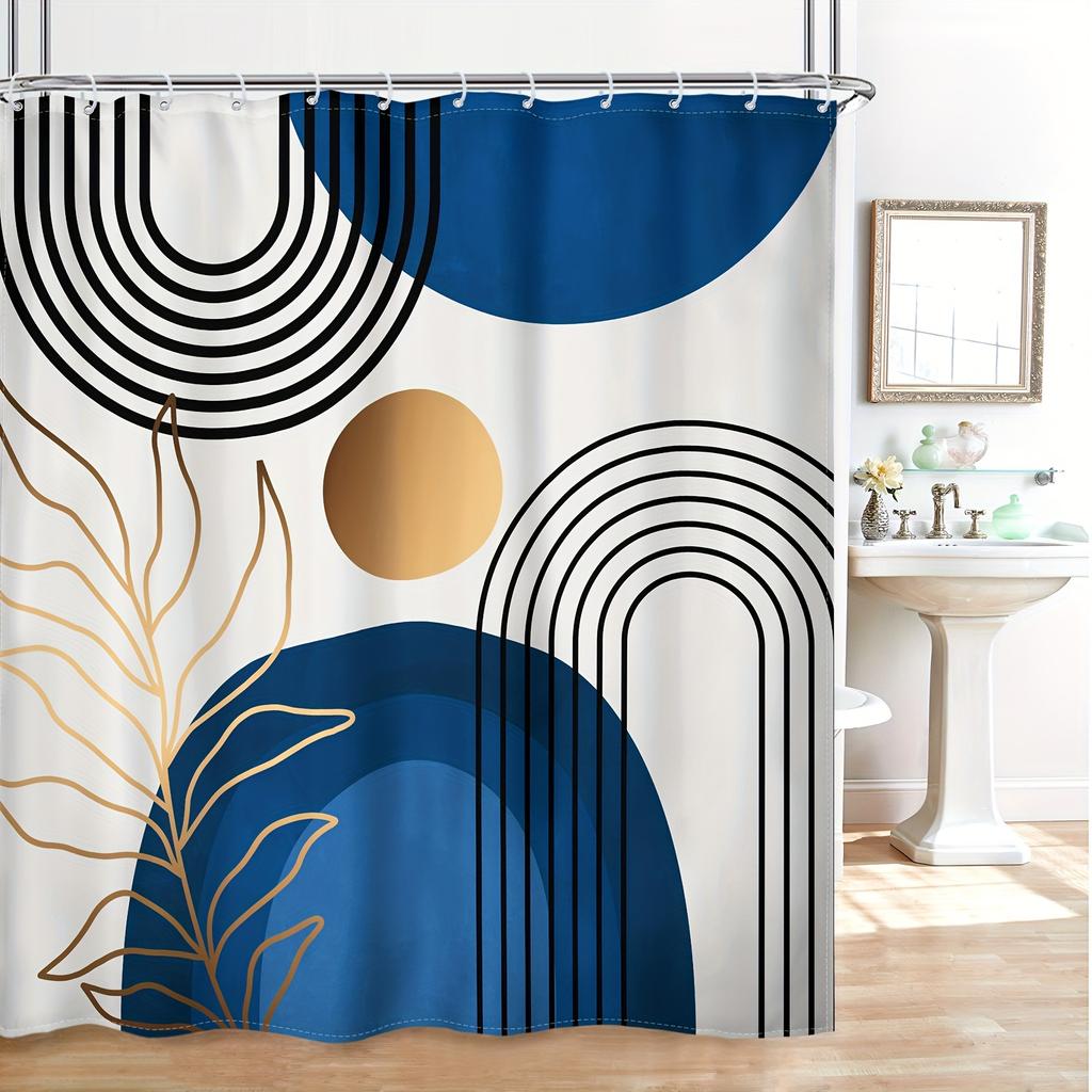 4Pcs Bathroom Shower Curtain Set Blue Mid-CenturyBathroom Curtain With 12 Hooks Non Slip Rugs Toilet Cover Mat Bathroom Partition