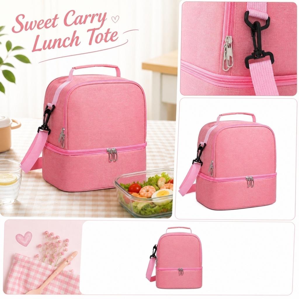 Portable Insulated Lunch Bag with Adjustable Shoulder Strap Double Layer Design Large Capacity for Work School Travel Outdoor Use