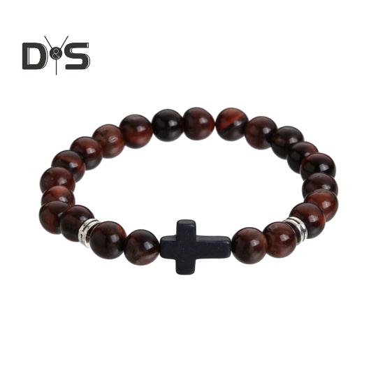 

Браслет-хрест для чоловіків, жінок, браслет-хрест з бісеру з каменю, еластичний камінь, релігійний браслет, ювелірні вироби, подарунки для християн коричневий