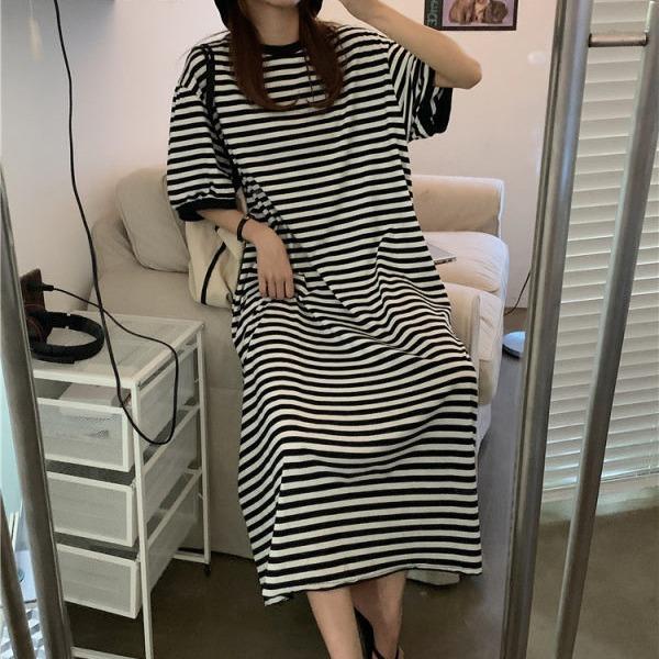 

YYFS Женская мода Лето Весна Полосатый принт Рукава 1/2 Круглый вырез Свободная талия Повседневные платья M чёрный