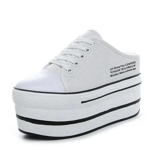 

Fashion 11CM Autumn Summer Casual Shoes Women s Fashion Breathable Canvas Spring Women Slippers Round Head Lace Up Platform Women Shoes 33 белый
