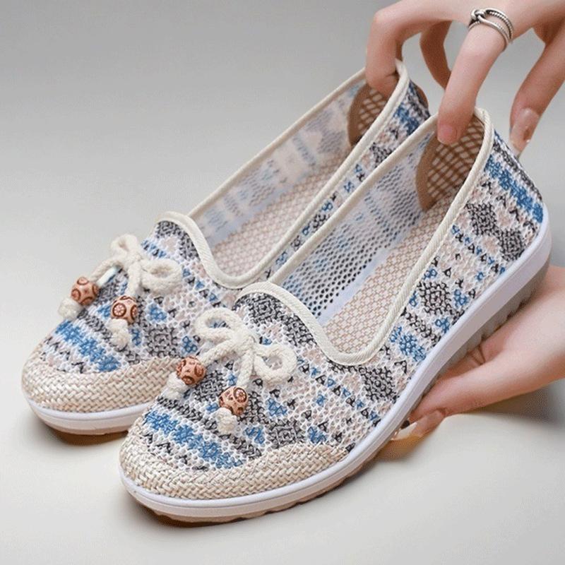 Breathable Mesh Embroidered Casual Shoes Soft Sole Lightweight Slip On Summer Flats for Women Comfortable Walking Footwear