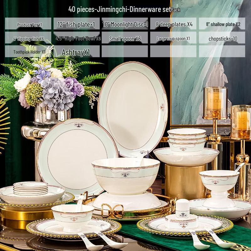Huazao Baijia DX Jinmingchi 40-Piece Ceramic Dinnerware Set