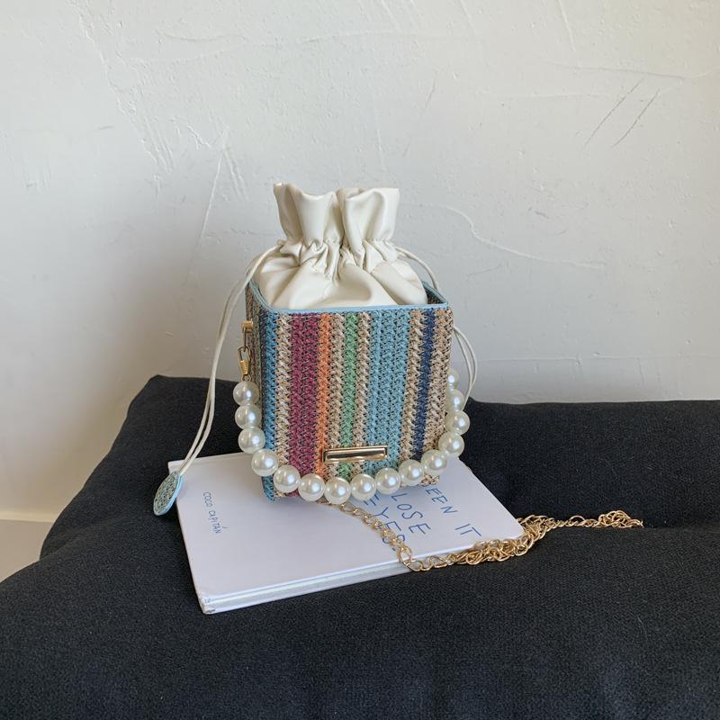 Pearl handbag women's 2025 new trendy small square bag fashion chain shoulder bag summer Internet celebrity woven bucket bag
