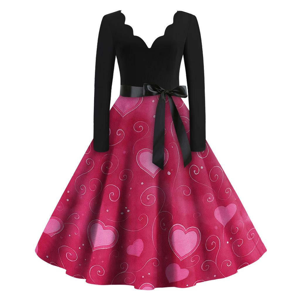 Damen Casual Mode Valentinstag Bedrucktes V-Ausschnitt Retro Langarmkleid