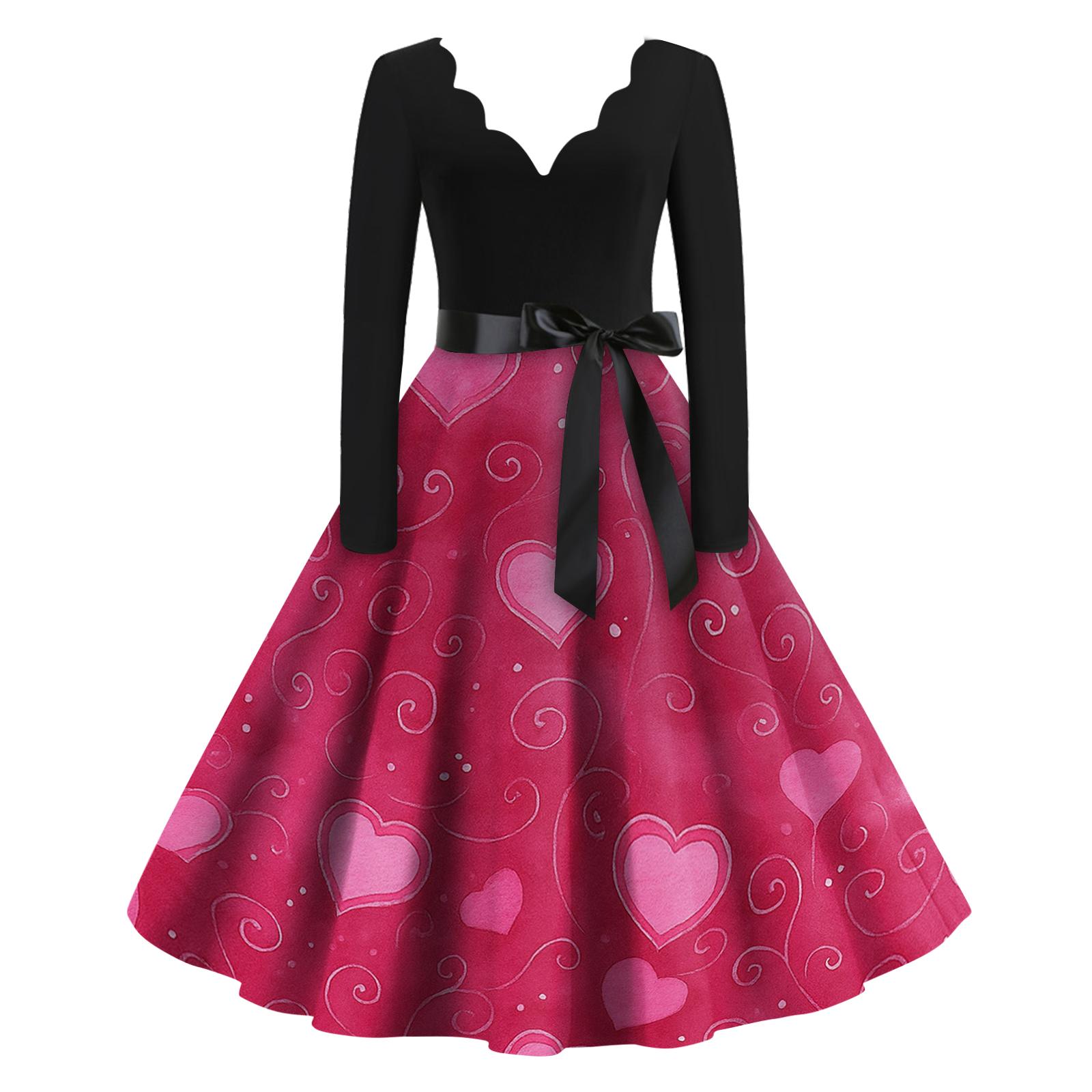 

Жіноча повсякденна модна сукня з принтом до Дня святого Валентина, ретро, з V-подібним вирізом, з довгим рукавом M гарячі рожевого кольору