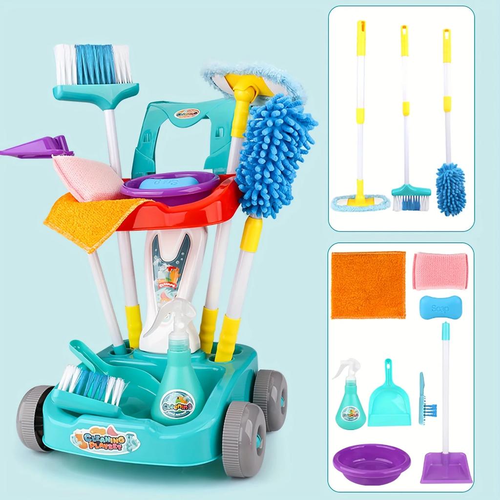 Kids Cleaning Set Toddler Cleaning Toy Set Pretend Play Housekeeping Educational Toy with Cleaning Cart Broom Dust Pan Mop