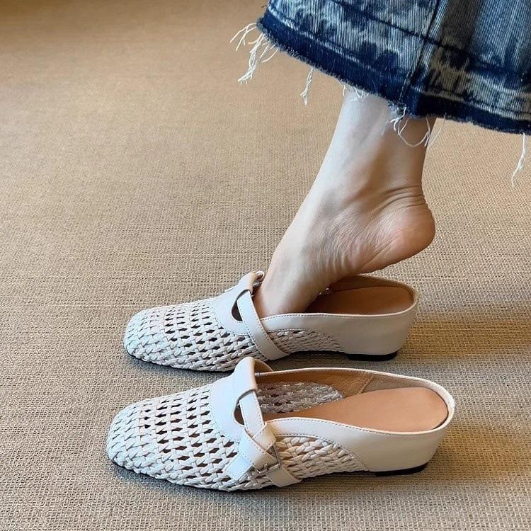 2025 new inner height increase French woven hollow bag head sandals versatile and comfortable word with sandals outside