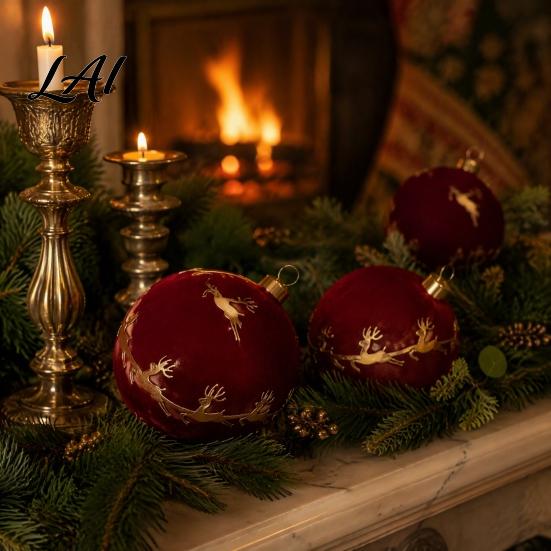 Christmas Party Background Decor 9Pcs Flocked Ball Ornaments Burgundy Velvet Balls with Gold Retro Supplies Embroidery Hanging Tree for Holiday Home