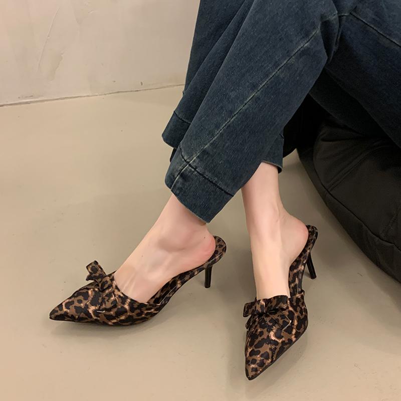 Fashion Bow Leopard Pointed Toe Women Sandals High Heels Slippers Party Shoes Designer 2025 Summer Pumps Flip Flops Woman Shoes Zapatos