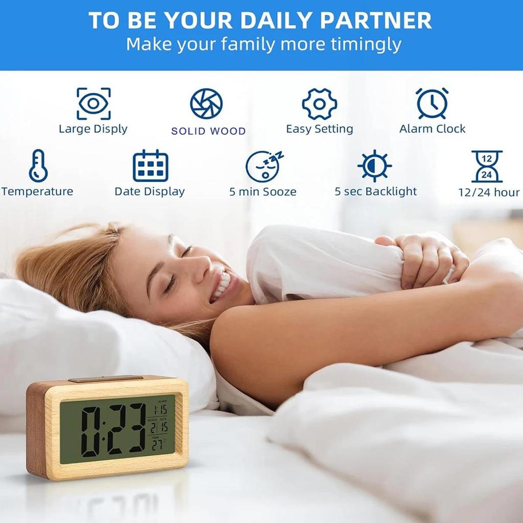 Wooden Alarm Clock with Calendar and Temperature displayed. Solid Wood Digital Clock for Desktop Decoration. Gift Idea2