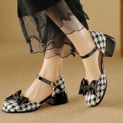 Female Sandal Fashion Womens Shoes 2024 Buckle Strap High Heels Mary Jane Shallow Mouth Girls Luxury Bow Comfort Beige High-heel