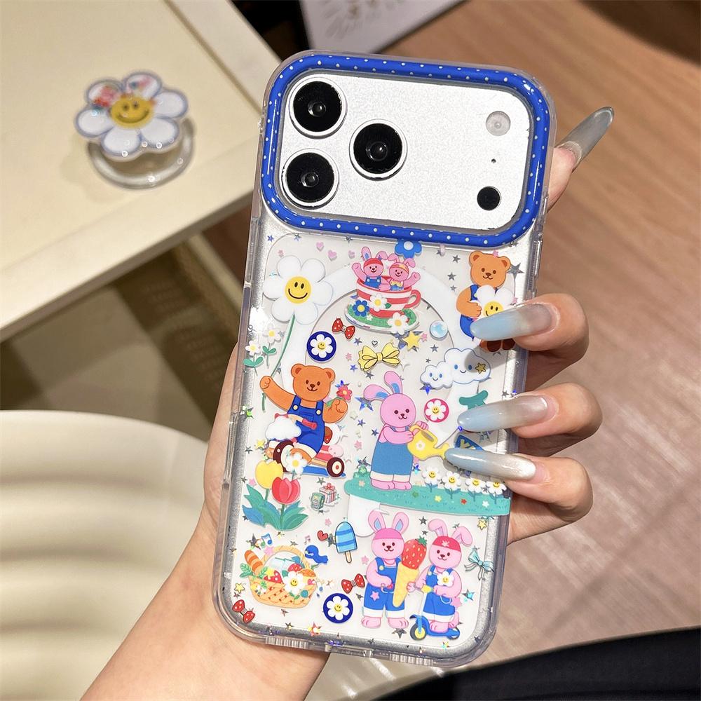 Mignon Tournesol Ours Lapin Étui de Téléphone Magnétique pour iPhone 17 Pro 13 14 15 16 Pro Max Coque Avec Support Magsafe Chaîne Étuis Mignons
