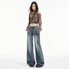 Women's American Retro Micro Flare Jeans - Fall 2025, Lightning Crack Design, Loose Fit, Wide Leg, Slimming Style.