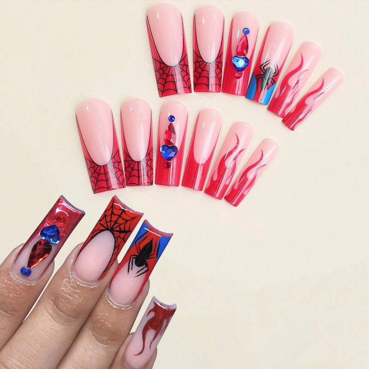 

European & American Style Diamond Extra-Long Press-On Nails - Spider Design Nail Art