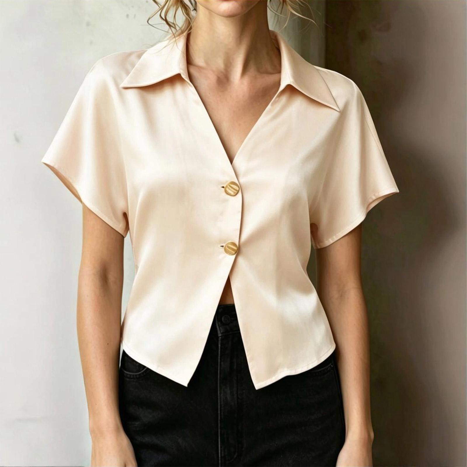 

Women s New Spring/Summer Casual & Stylish Satin Blouse — V-Neck, Short Sleeve, Cropped Top L бежевый