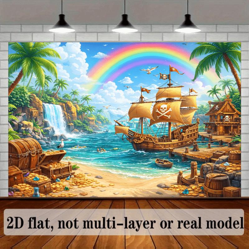 2D Planar Treasure Island-themed Background Fabric Featuring a Pirate Ship Outdoors and Studio Elements