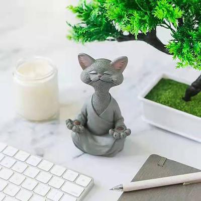 Meditasyon Kedi Heykeli Oturan Yavru Kedi Reçine Heykelcik Zen Yoga Hayvan Heykeli Ev Ofis Kitaplık Masaüstü Dekorasyon Süsü