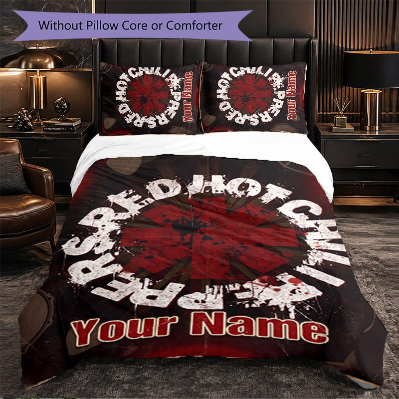 Red Hot Chili Peppers Customized Name Text Bedding Set, 1 Duvet Cover & 2 Pillowcases Personalized Bedroom Gift