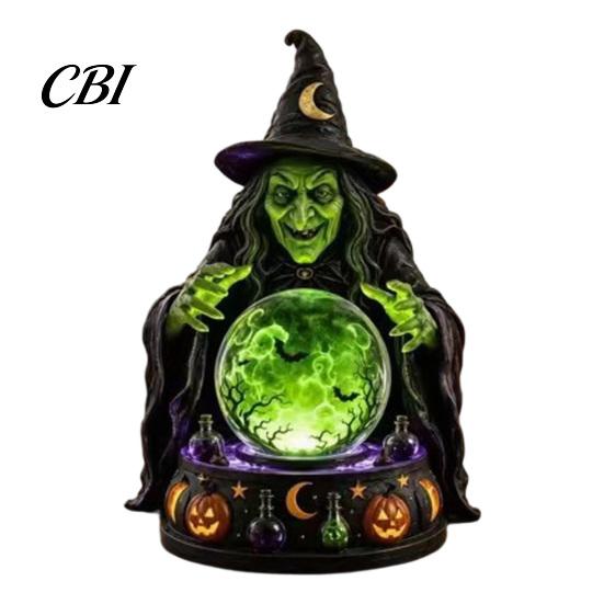 Halloween Table Decor LED Lighted Faux Crystal Ball Decoration, Resin Witch/Skeleton/Cat/Ghost Figurine with Unique Gift for Friends Green/Purple