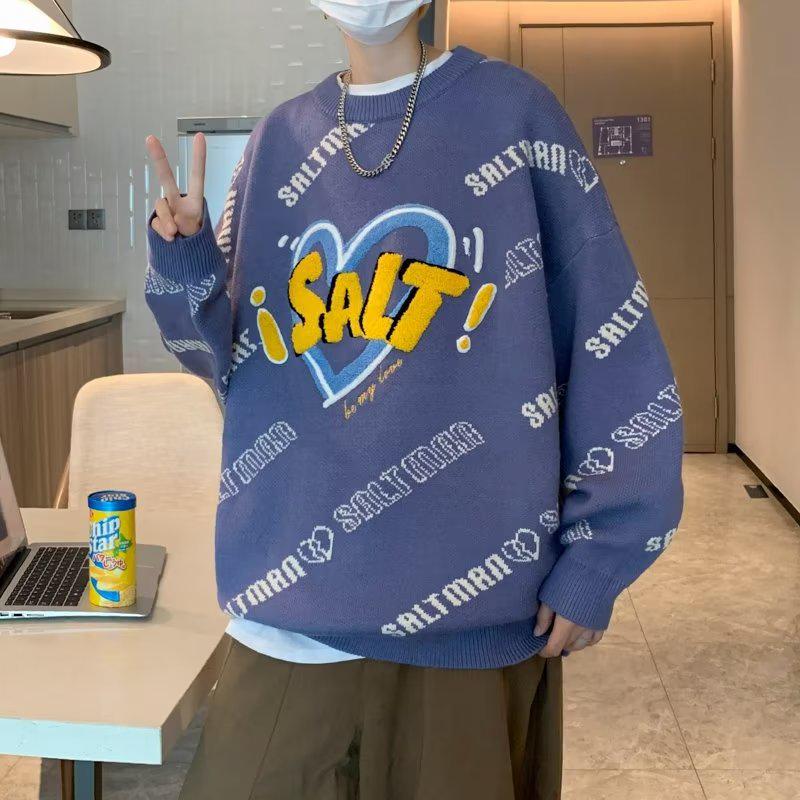 

Мужской модный вязаный свитер с вышивкой полотенцем - С длинными рукавами, свободного кроя, с круглым вырезом, в весенне-осеннем стиле Large синий