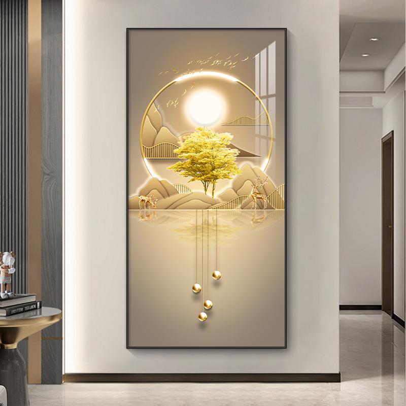 Pictură abstractă de lux de pânză aurie, artă de perete cu lumină copac bogat, afișe și imprimeuri pentru cerb, pentru decorarea coridorului, verandă