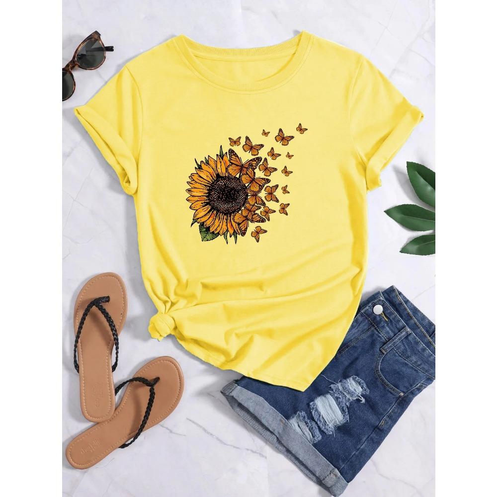 Sunflowers and butterflies TeePrint Crew Neck T-shirWomen's Casual Loose Short Sleeve Fashion Summer T-Shirts Tops